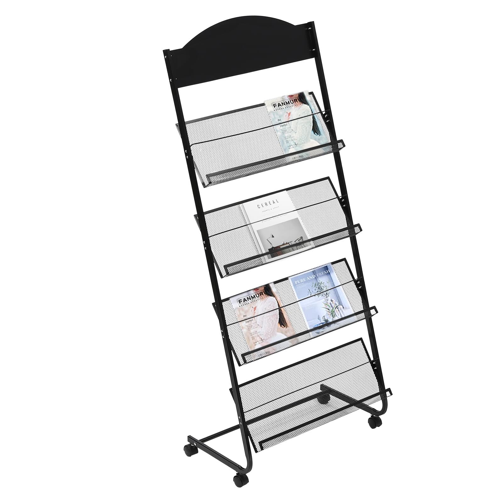 4-Tier Metal Wheeled Magazine Book Rack Newspaper Brochure Storage Display Stand 6