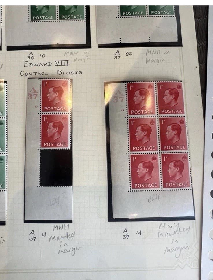 GB KE8 KEVIII Controls Corner Blocks Of 6 Mint Hinged In Margin 1/2d & 1d. 6