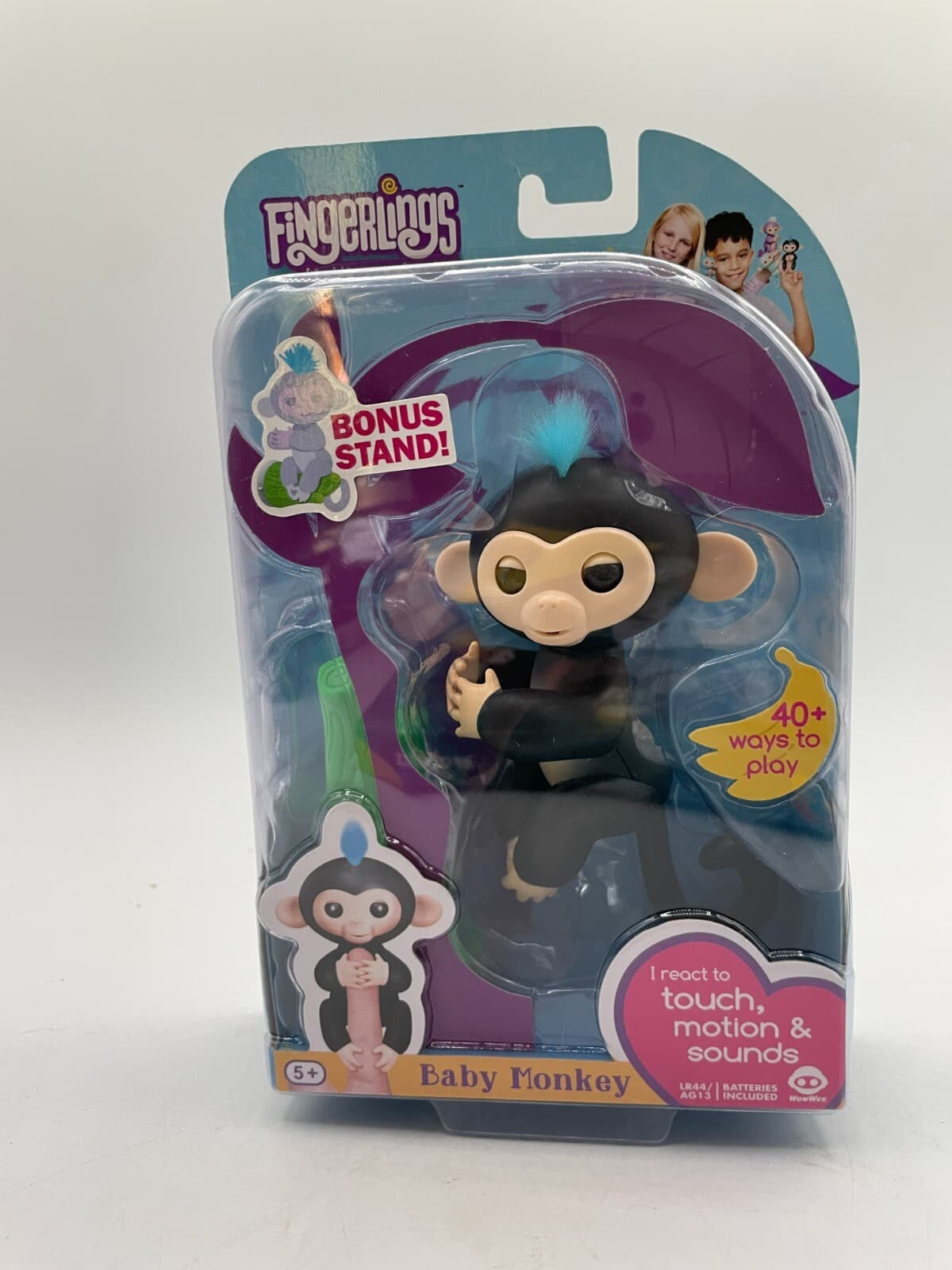 New Fingerlings Finn Interactive Happy Baby Monkey Black Blue With Bonus Stand!
