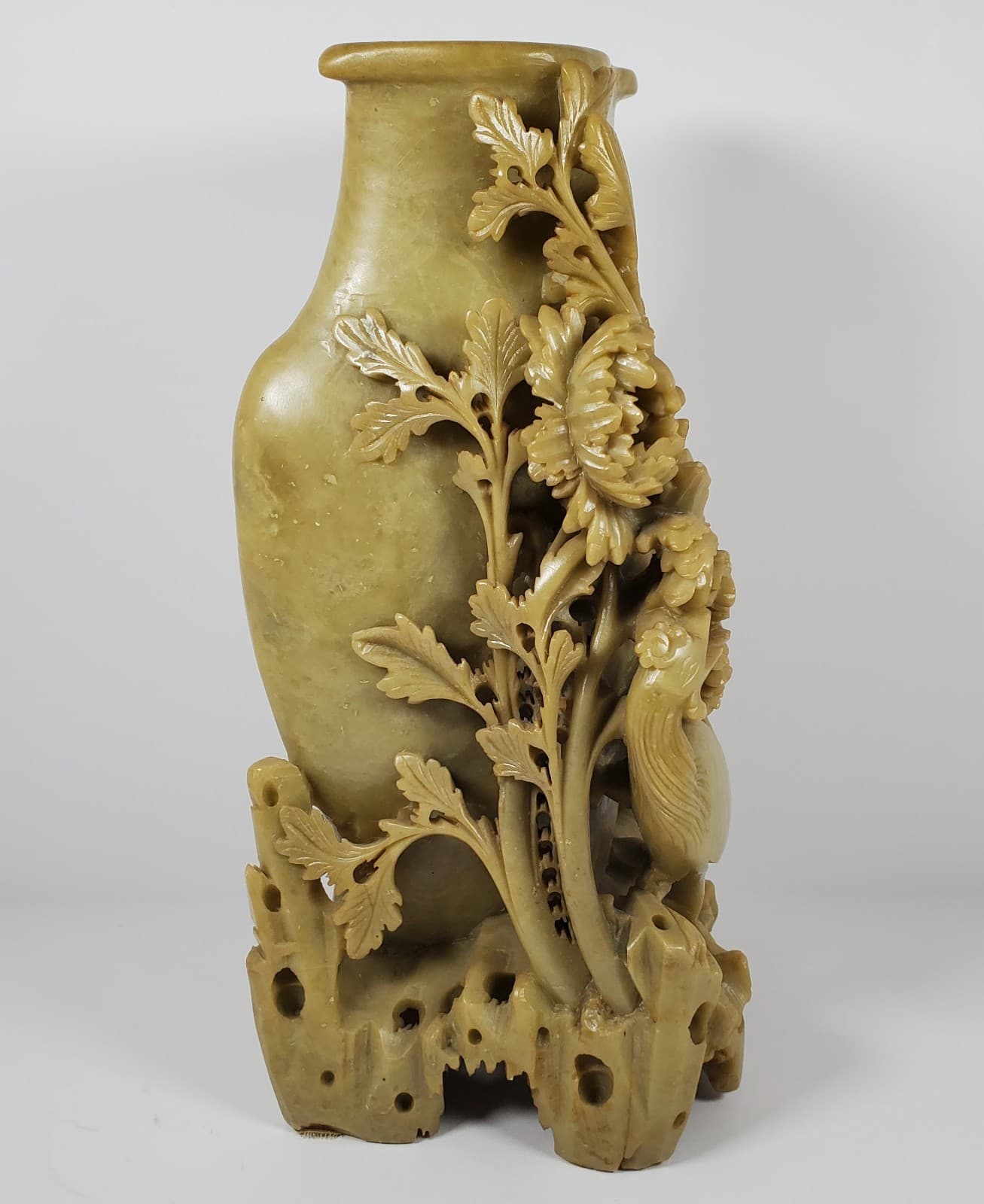 Vintage Large Chinese Hand Carved Soapstone Floral Vase with Bird Accents 6