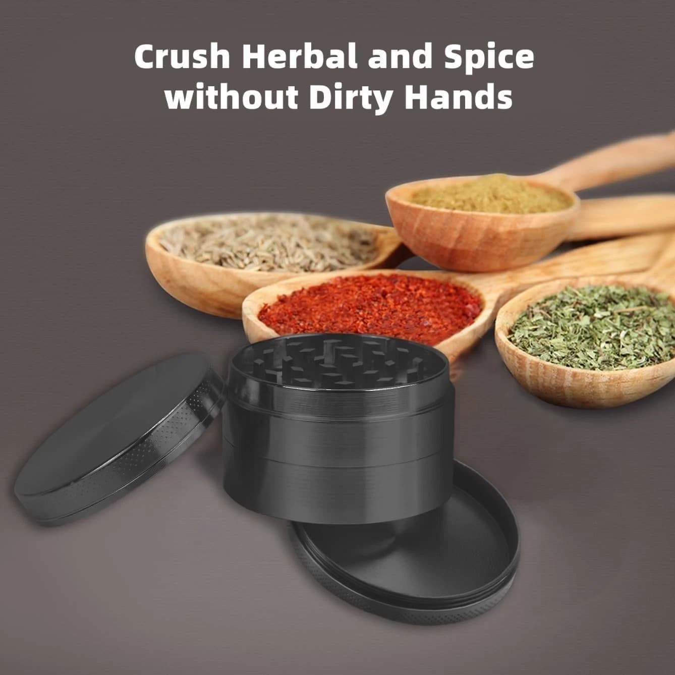 Solid Black 4-Piece Herb Grinder with Kief Catcher – Sharp Teeth & Magnetic Lid 5