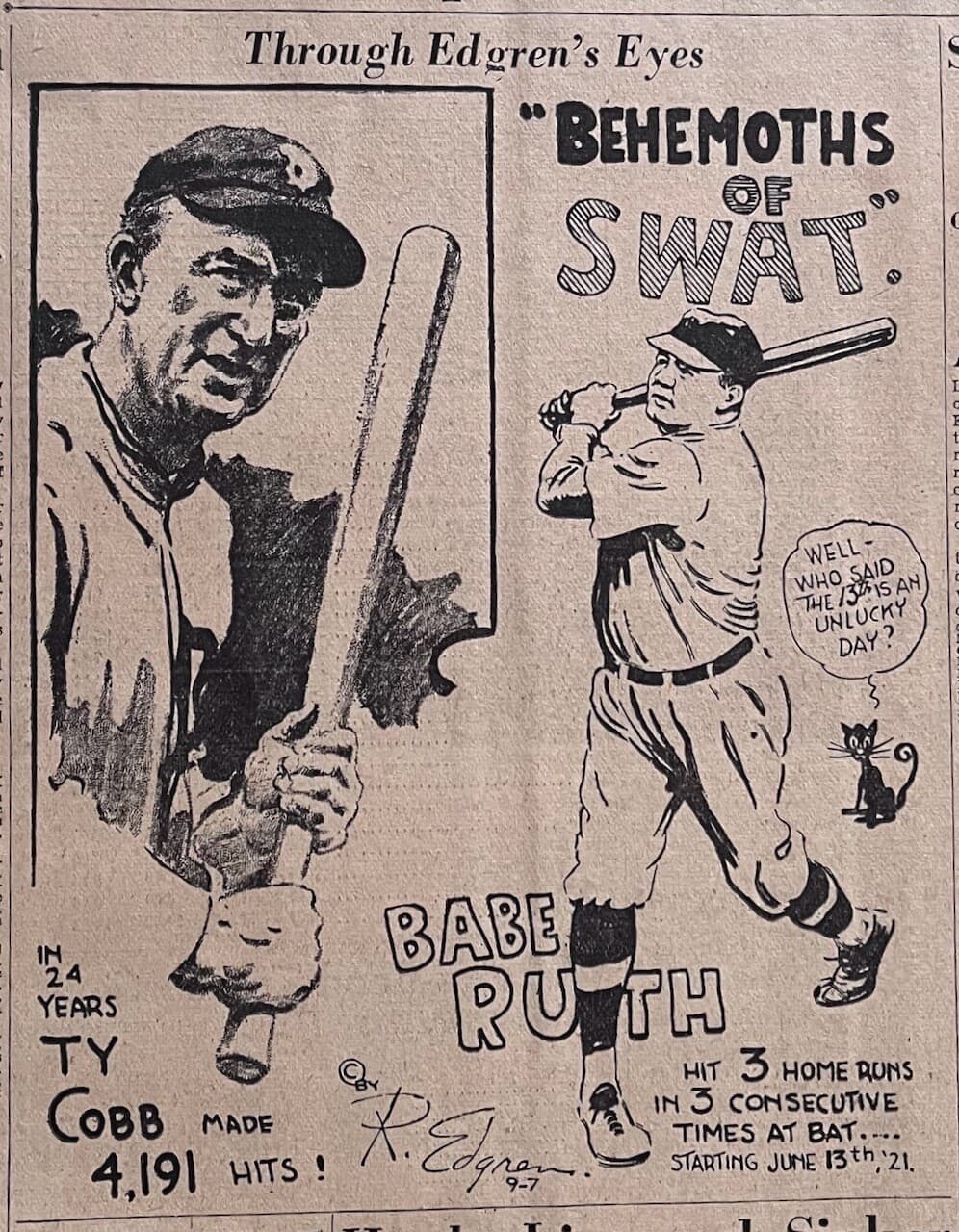 1934 newspaper panel by Edgren "Behemoths of Swat" - Ty Cobb, Babe Ruth