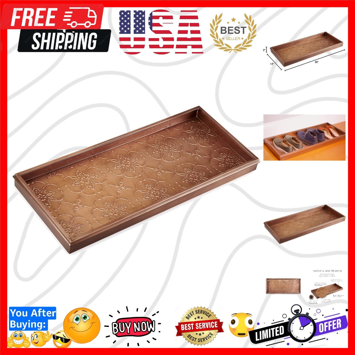 Spacious 30” Copper Boot Tray with Anti-Slip Design - Perfect for Entryways
