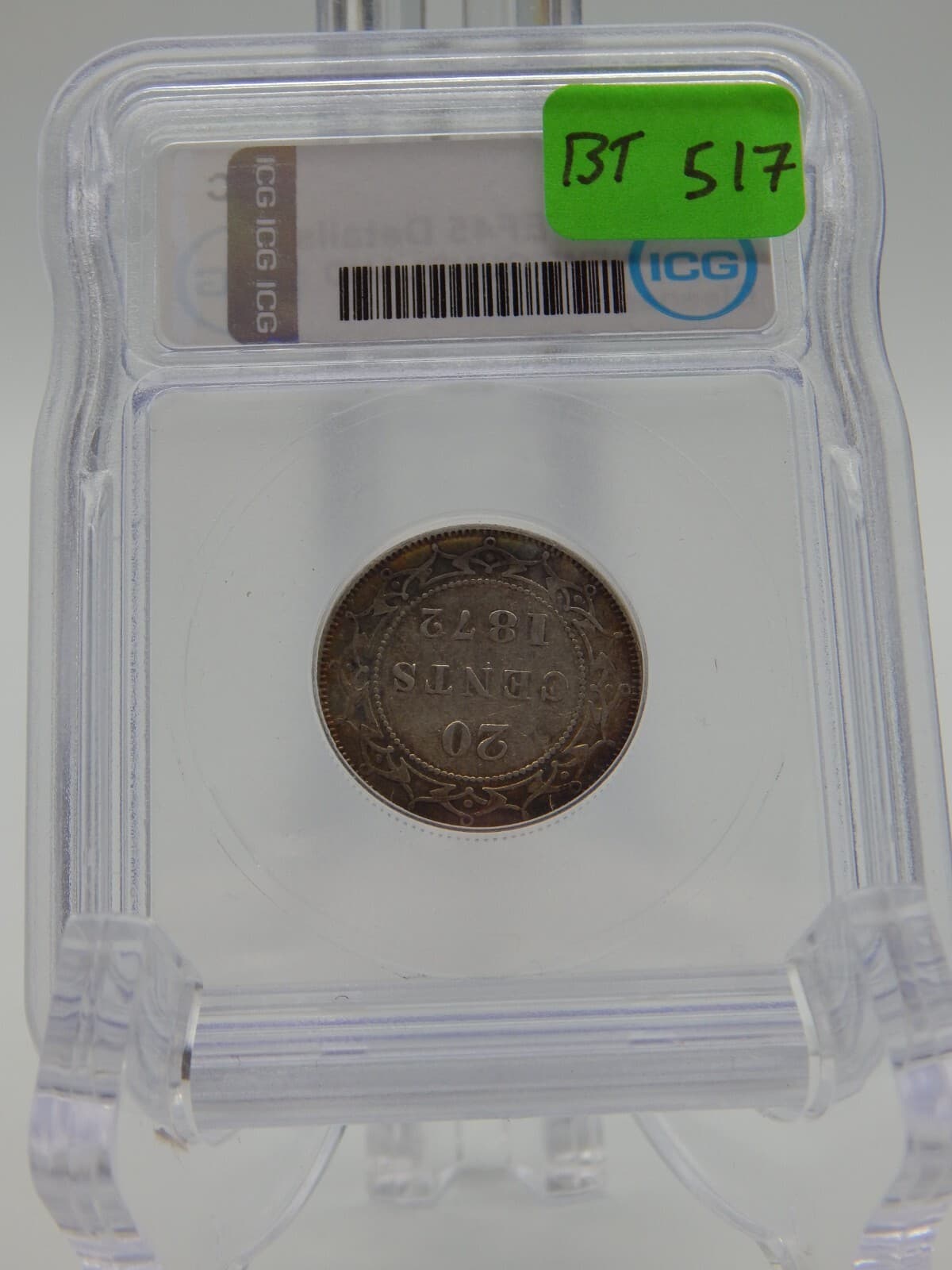 1872-H NEWFOUNDLAND 20c TWENTY CENTS ICG EF45 DETAILED (BT517) 5
