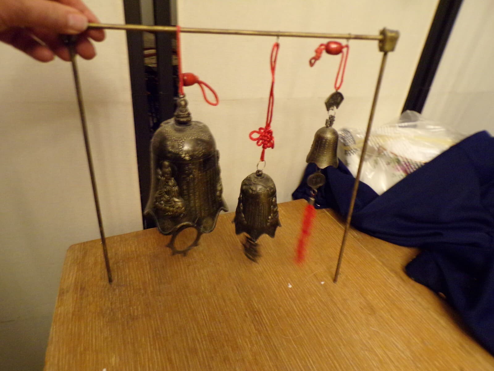 3-Asian Early Antique Brass Hand Forged Chinese Inscription Buddha Temple Bells