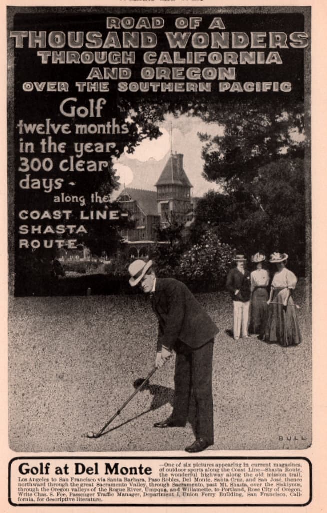1906 B AD PHOTO GOLF AT DEL MONTE BULL COAST LINE SHASTA SANTA BARBARA