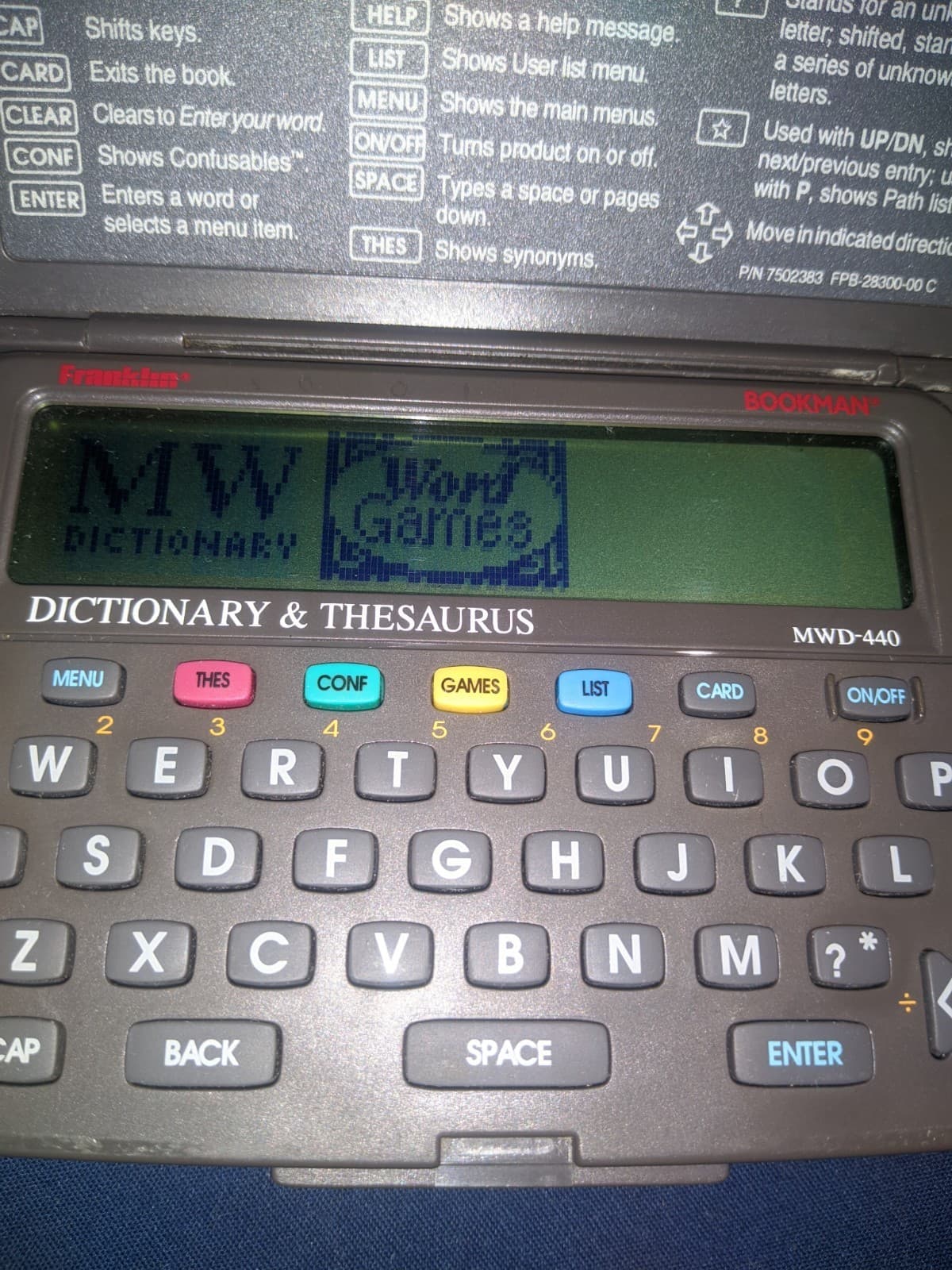 Franklin Bookman Dictionary & Thesaurus  - MWD-440 - Vintage - Word Games Cart 5