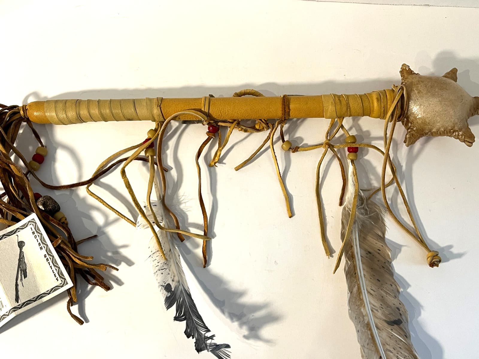 Native American Rawhide Ceremonial Turtle Rattle 15" Feathers Arrowheads Beads 5