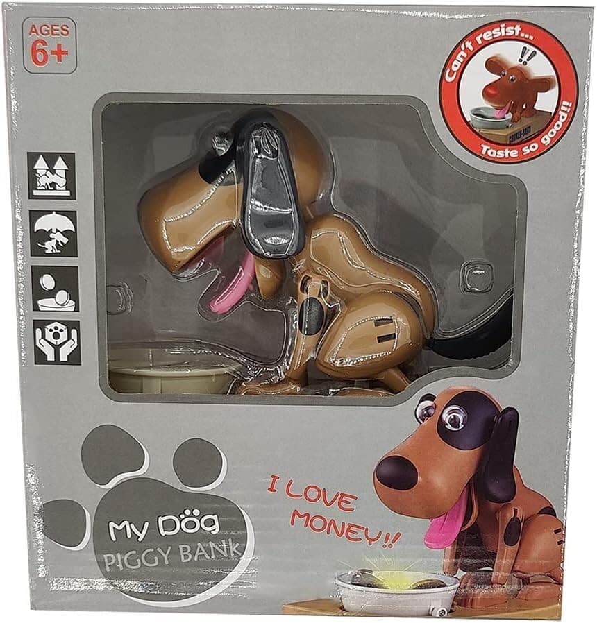 Hungry Puppy Dog Automatic Mechanical Piggy Bank. Brown & Black New In Box 3
