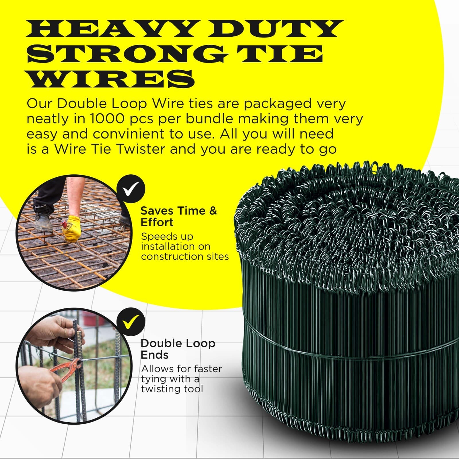 8 Inch x 1000pc GREEN PVC COATED Double Loop Rebar Wire Tie, 17 Gauge SIMBASTEEL 6