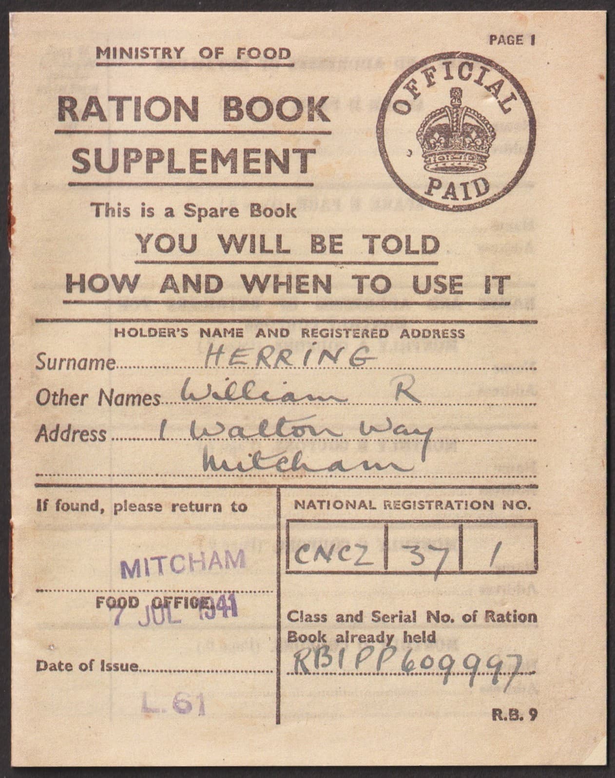 WW2 1941 RATION BOOK SUPPLEMENT for William Herring of Mitcham
