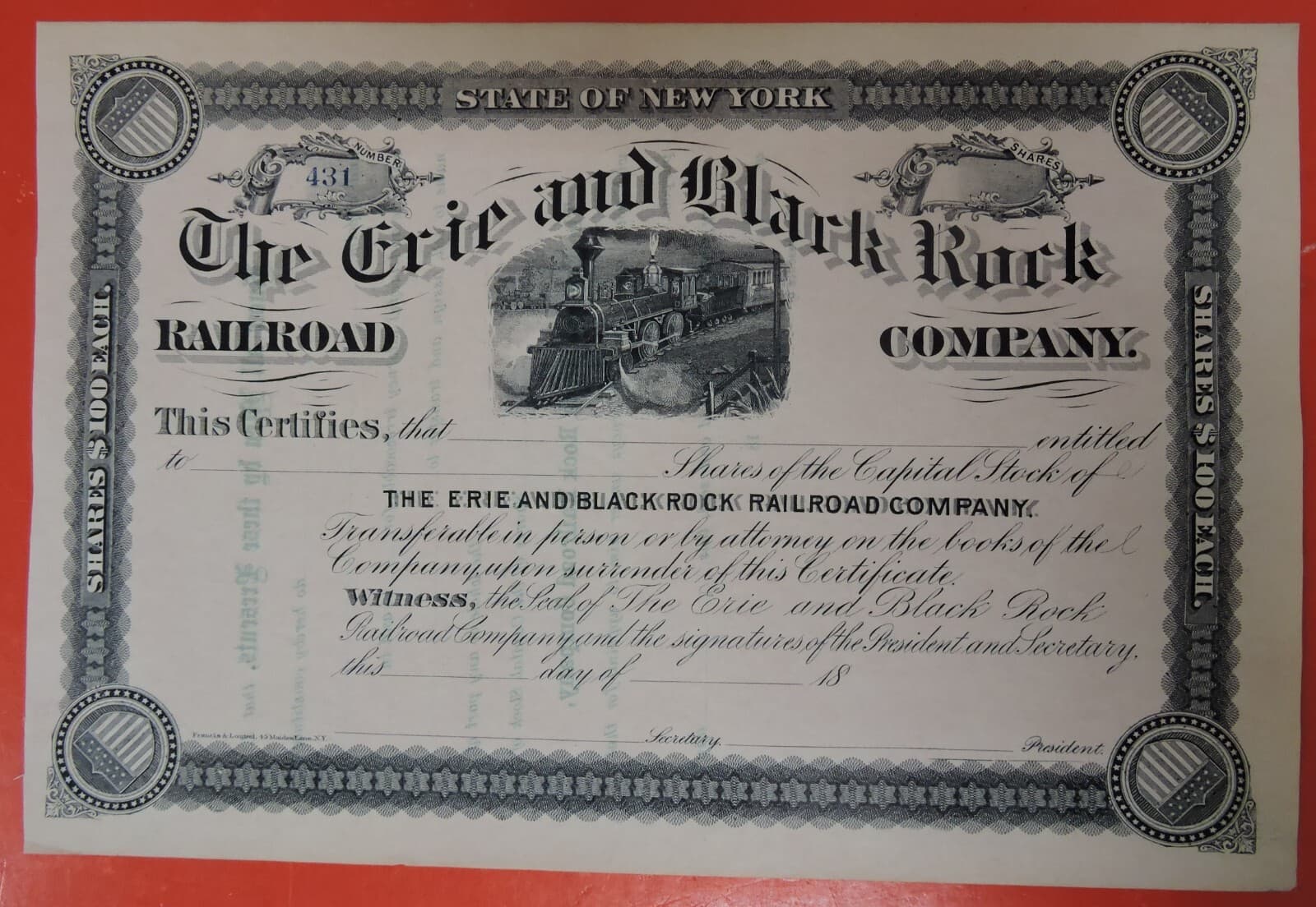 1800s THE ERIE AND BLACK ROCK RAILROAD COMPANY STOCK CERTIFICATE-NEW YORK