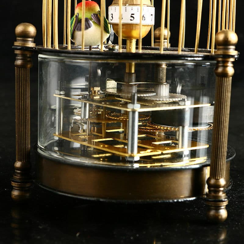 Exquisite Brass Mechanical clock -birdcage shape two bird Aroud Moving 6