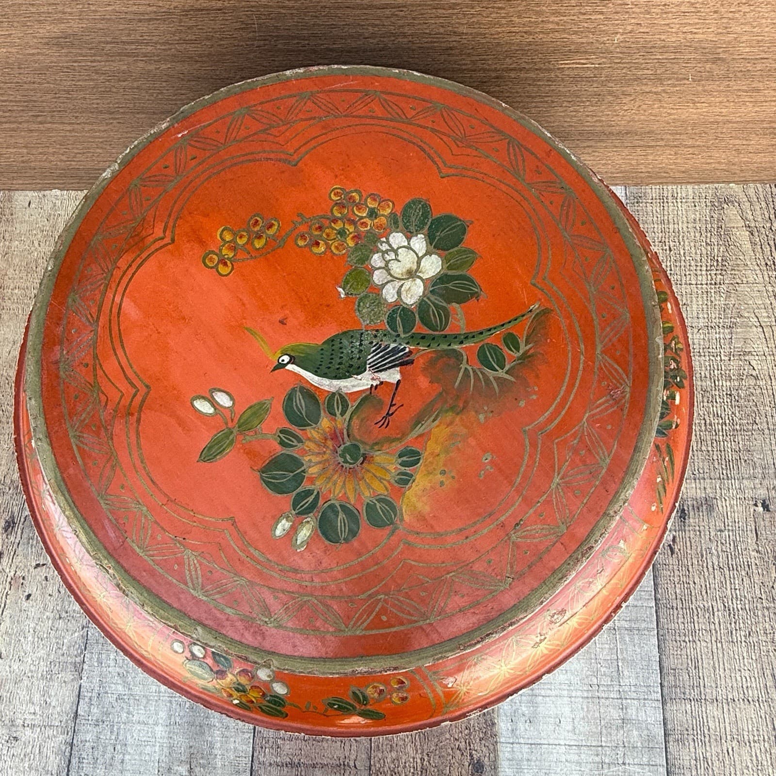 Antique Chinese Red Lacquer Large Round Wedding Box Floral Bird Signed 15.5” D 2