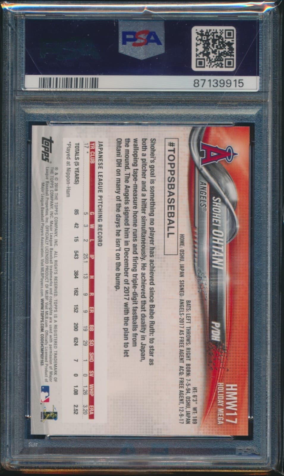 PSA 10 SHOHEI OHTANI 2018 TOPPS HOLIDAY #17 LA Angels Rookie Card RC GEM MINT 2