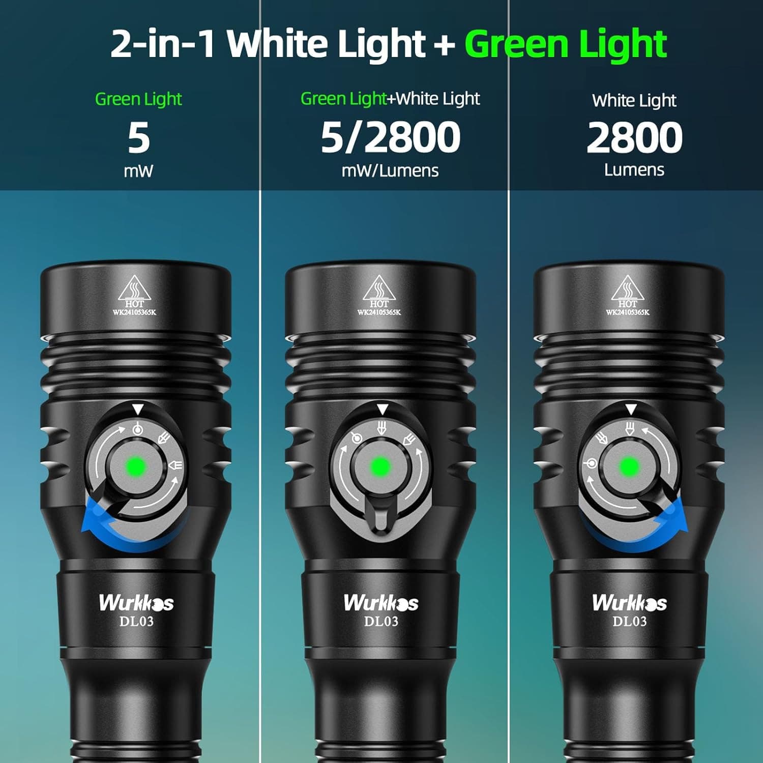DL03 Dive Light, 2800 Lumens Scuba Diving Light, 1000M Green Beam and White Comb 3