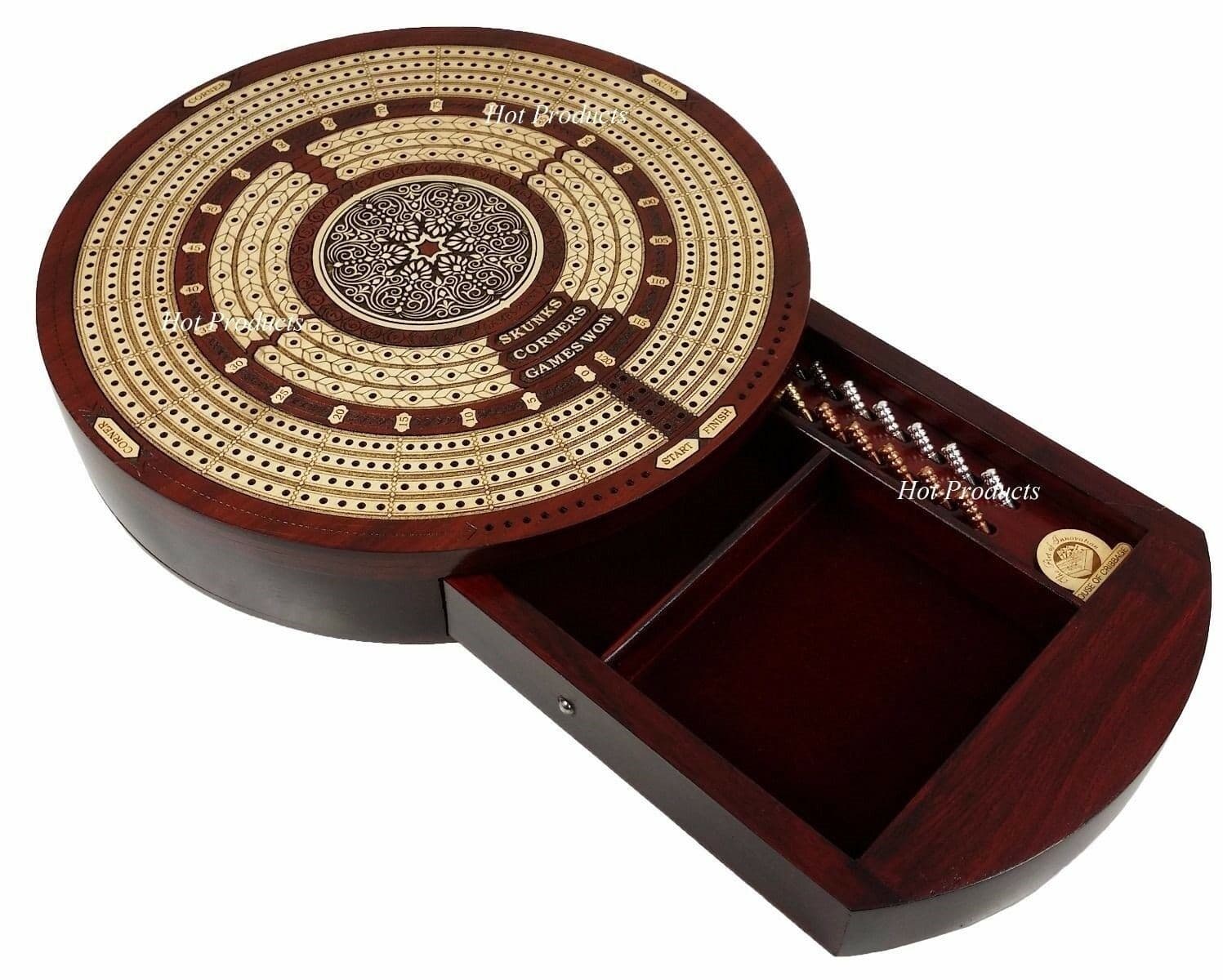 4 TRACK ROUND Continuous Cribbage Board Metal Pegs BLOODWOOD Skunks & Corners 4