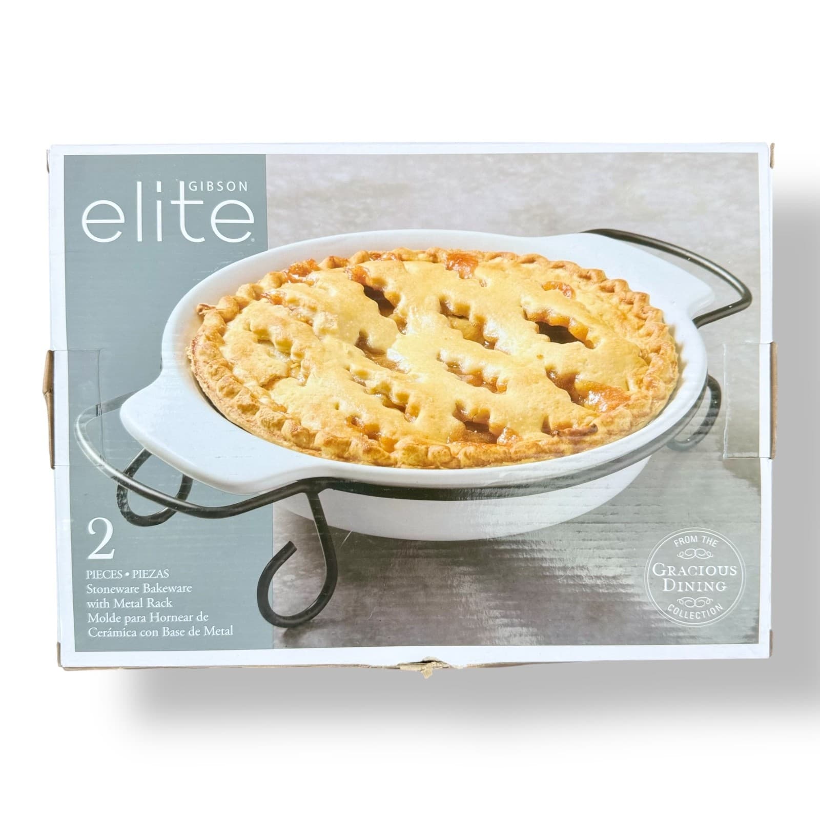 Gibson Elite Bakeware 2pc White Stoneware Baking Dish w/ Metal Rack Holder 6