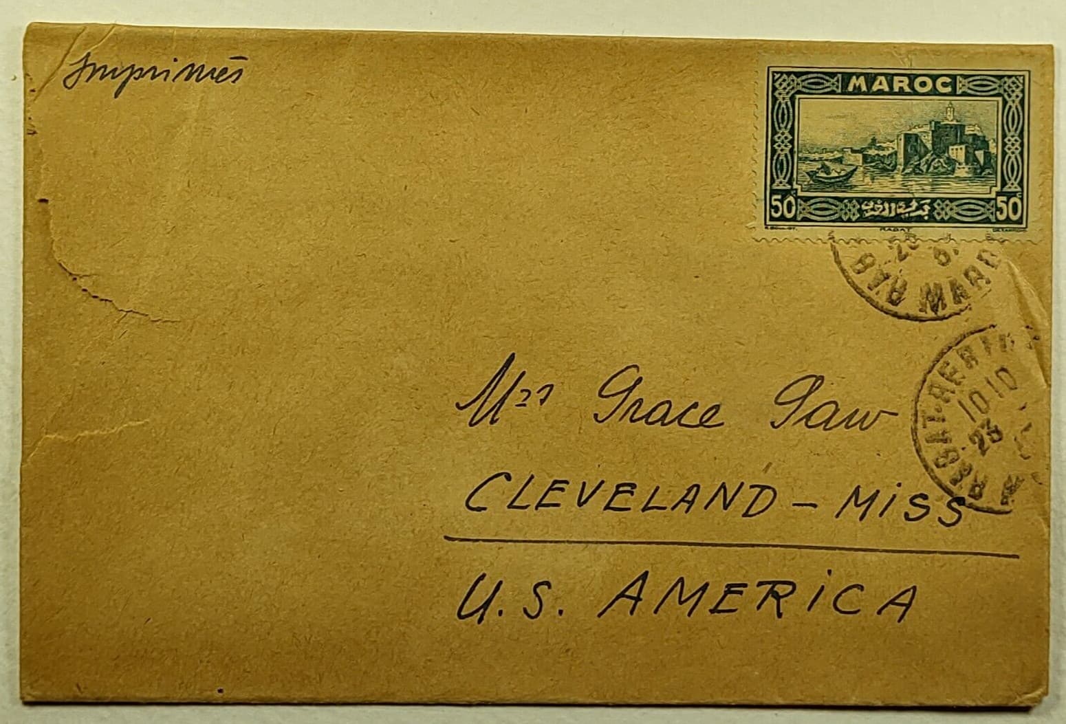 1937 French Morocco Postal History Cover to Gibraltar Cleveland Mississippi