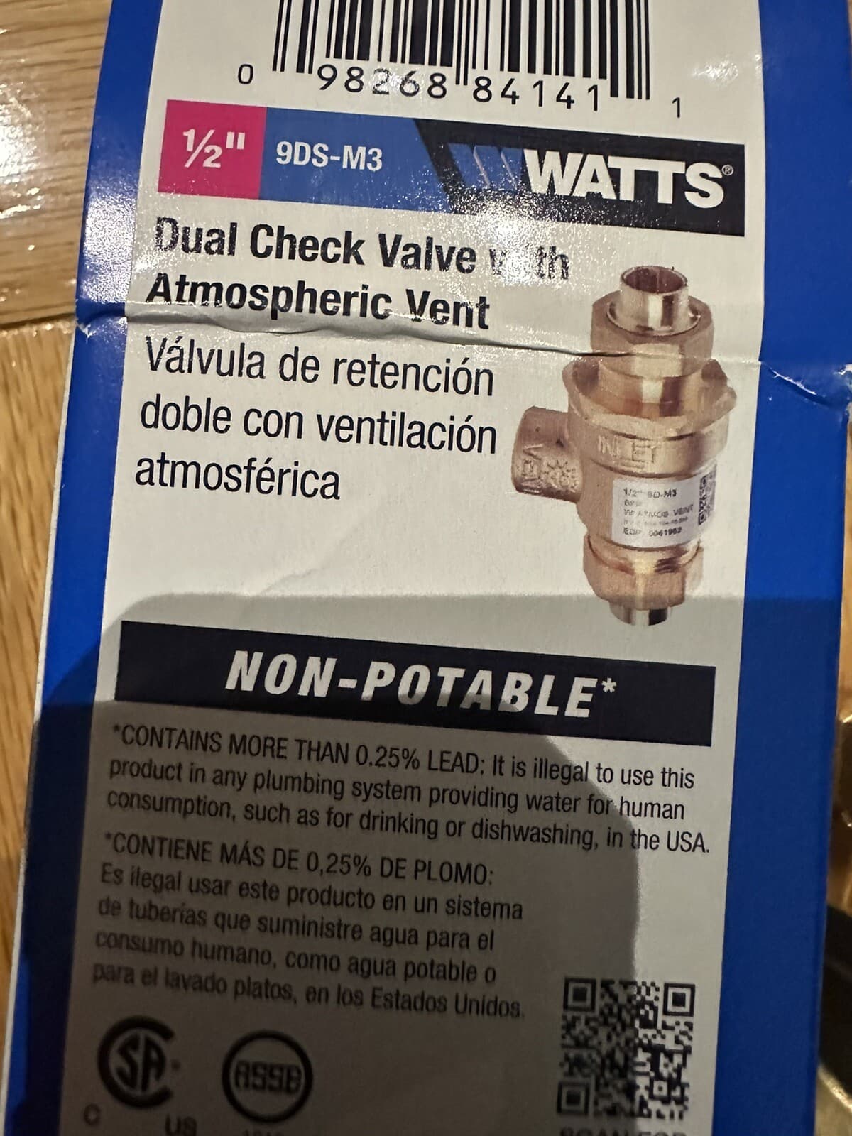 WATTS 1/2” DUAL CHECK VALVE WITH ATMOSPHERIC VENT 9DS-M3 5