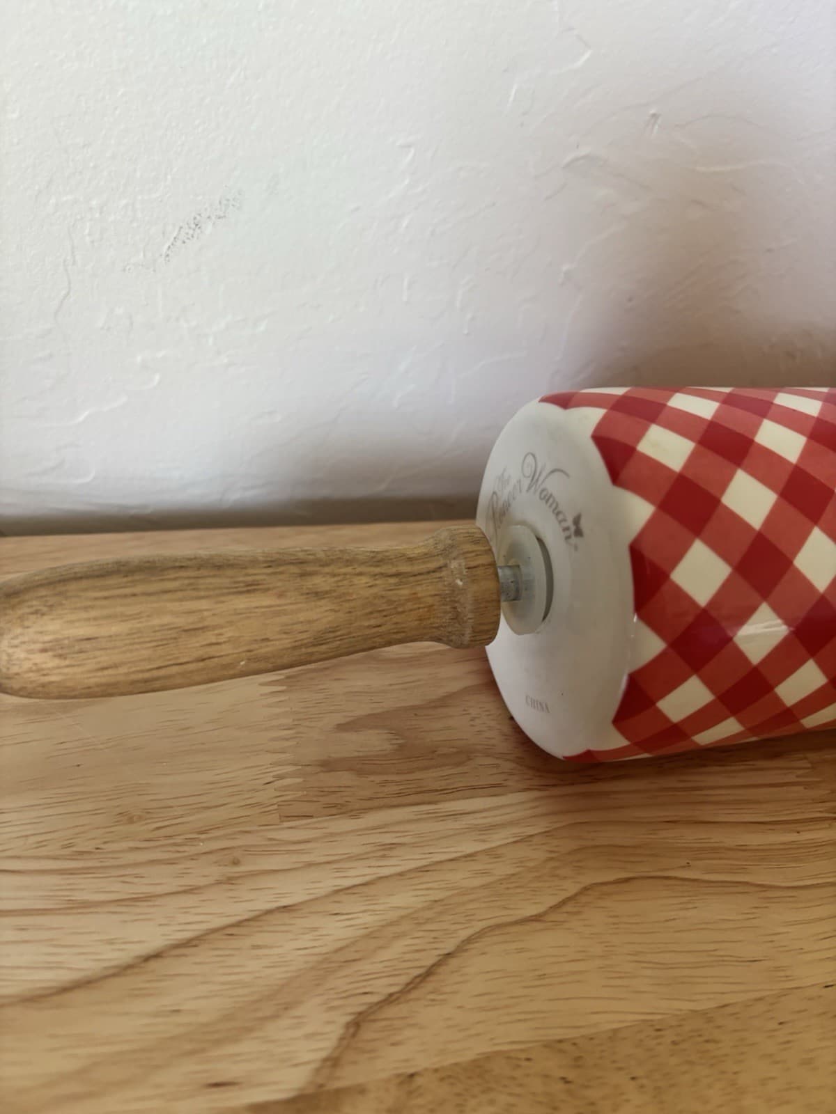 Pioneer Woman  Red And White Rolling Pin Wood Handles Signed Wood Handles HTF 2