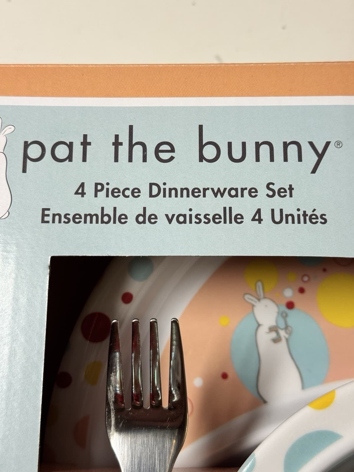 Child’s 4 Pc Melamine Dinnerware Set Pat the Bunny Plate, Bowl, Fork & Spoon NIB 4