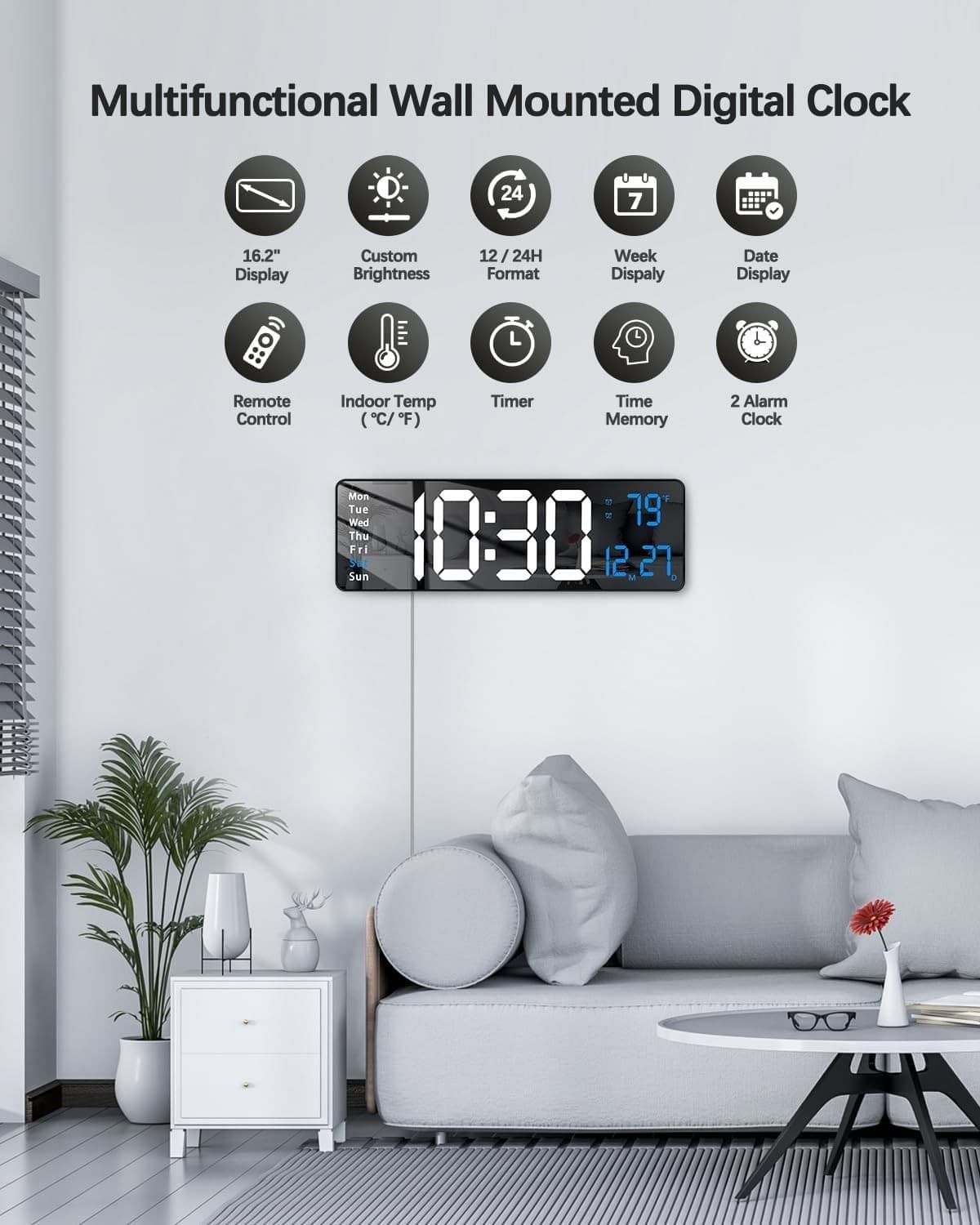 16-inch Digital Wall Clock with Remote Control, Large Display Digital Clock w... 2