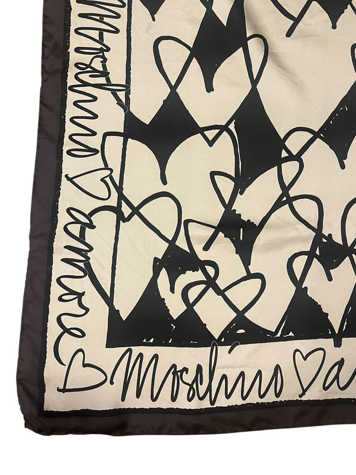 Vtg 2000’s MOSCHINO Archivio Red, Black Silver Silk Heart Scarf Size 34” x  34” 3