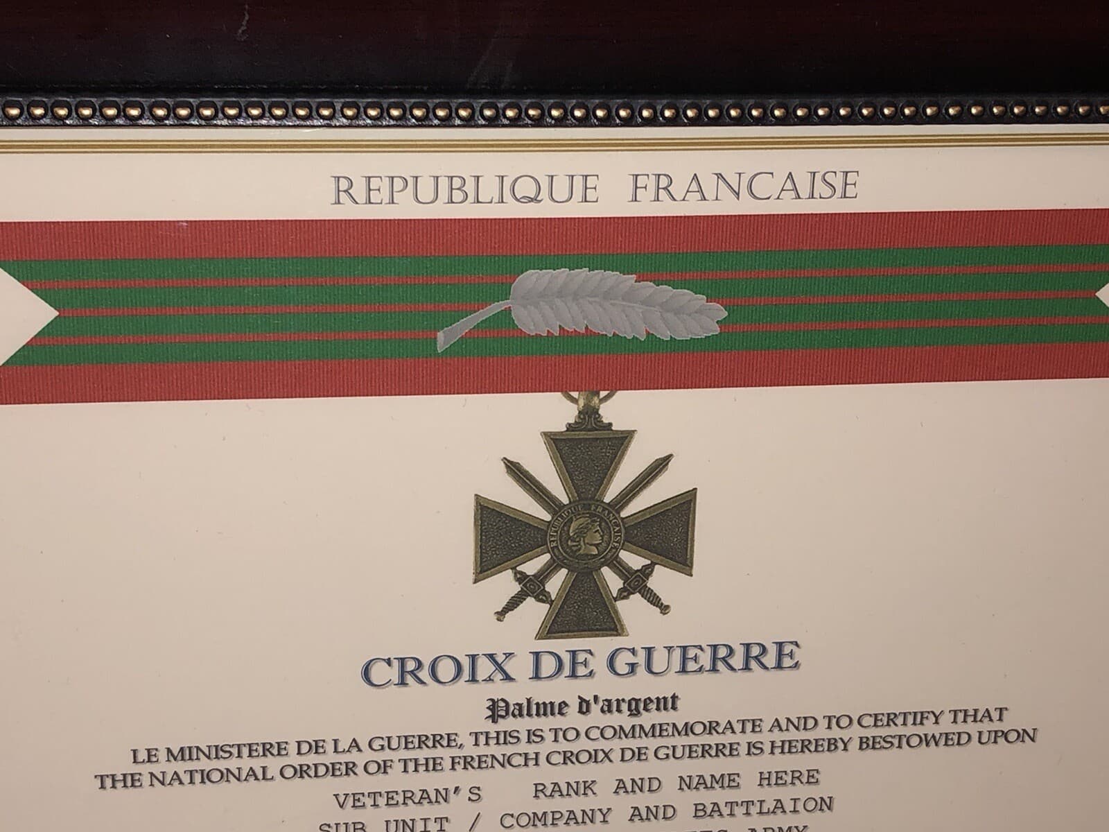 FRENCH CROIX DE GUERRE - w/SILVER PALM / WWII (COMMEMORATIVE CERTIFICATE) 4