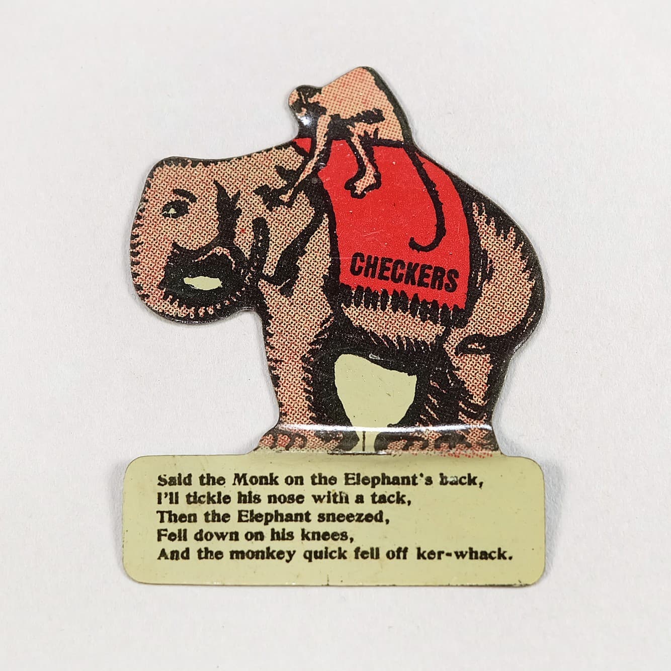 1920s-30s Checkers Confection Antique Tin Toy Prize Monkey on Elephant Stand-Up