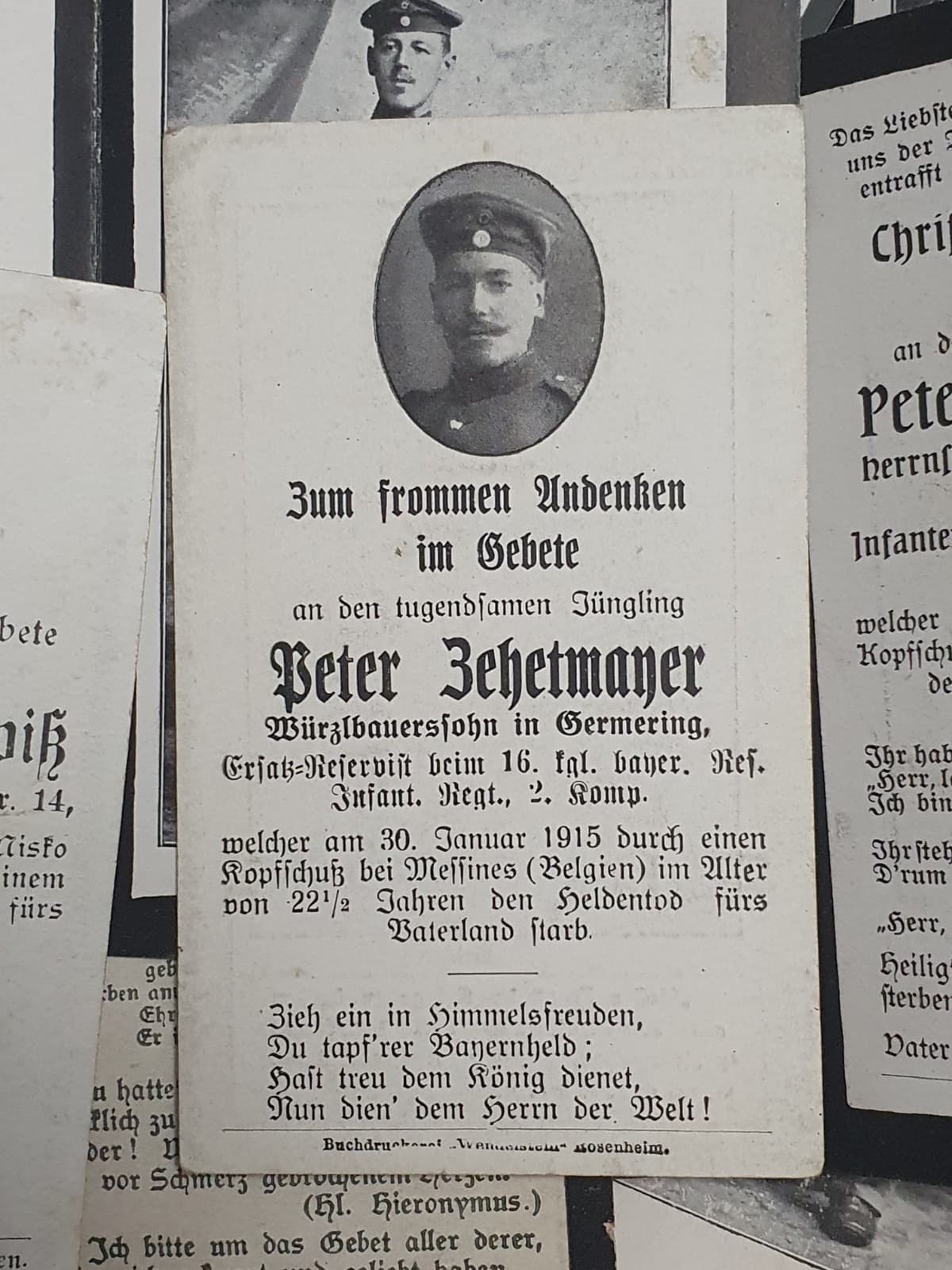  original german ww1 Death Card Peter Zehetmayer 16ir 30 Jan 1915 Messines Belgi
