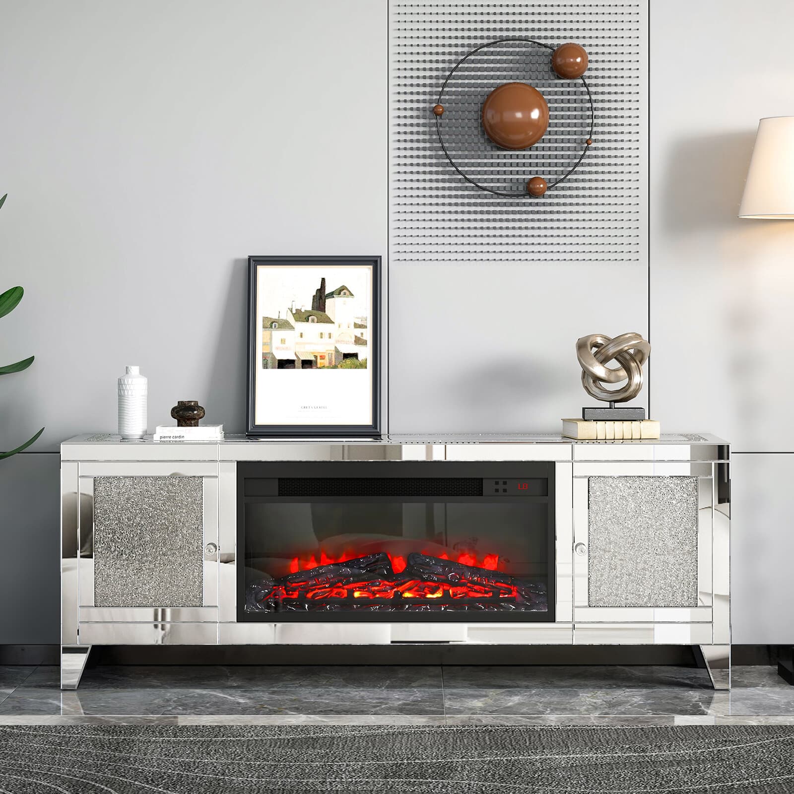COSVALVE 59"Mirrored Fireplace TV Stand Entertainment Center Crush Diamond 2Door 3