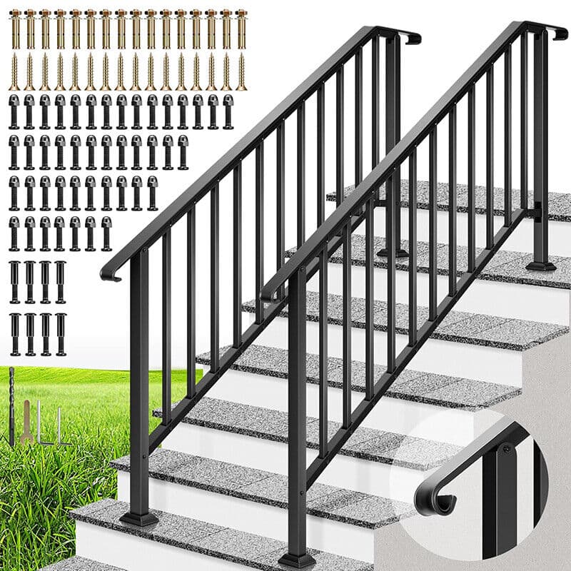 2-Pack 6 Step Hand Rails for Outdoor Steps Wrought Iron Railing for Porch Deck