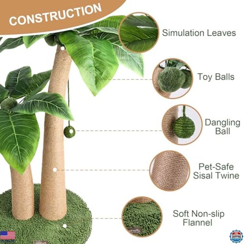 35" Tall Cat Scratching Post with Natural Sisal Rope, 5 Toy Balls, 2 Curved 2