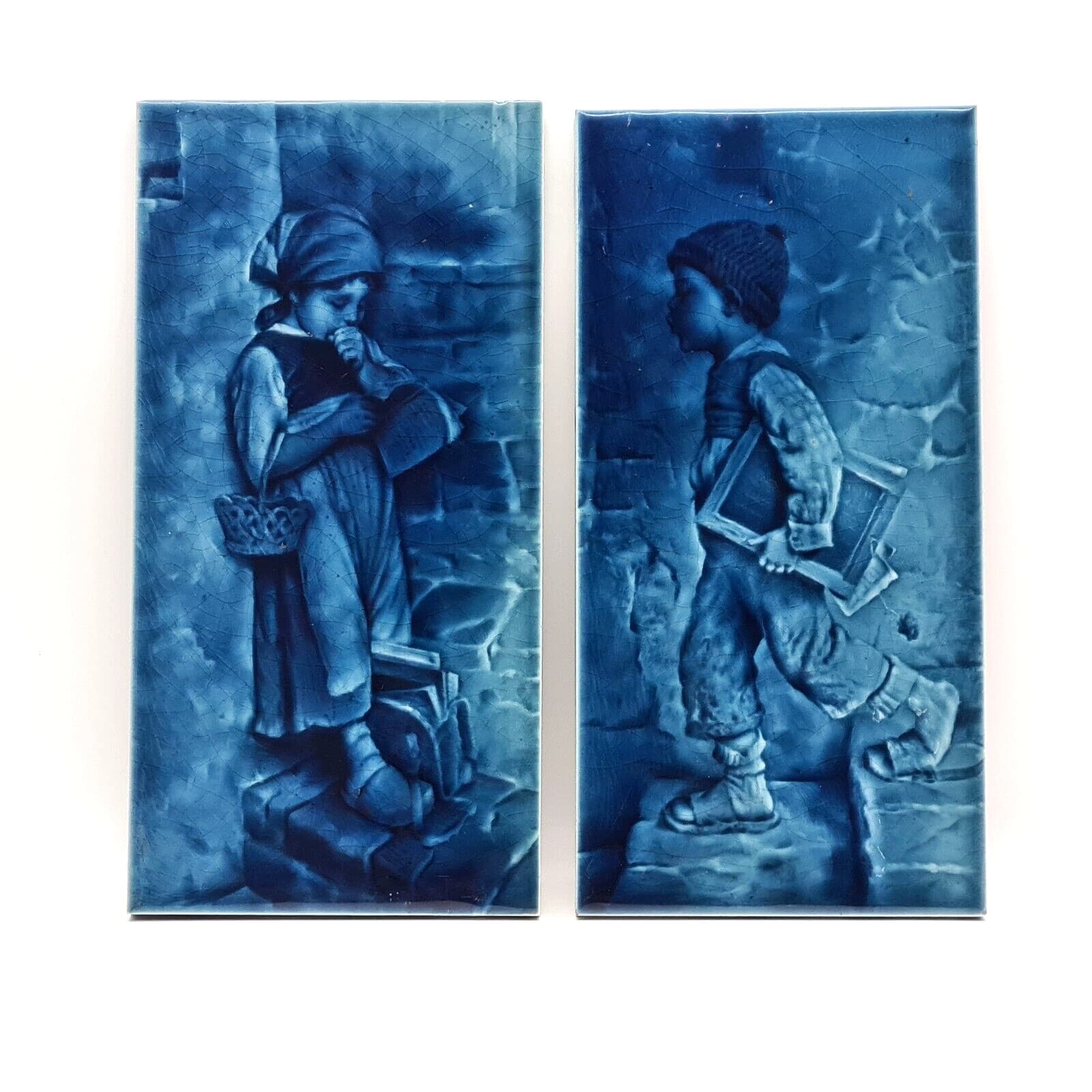 Antique Pair Of Fireplace Tiles Blue Majolica Craven Dunnill & Co 12" x 6" C1880 2