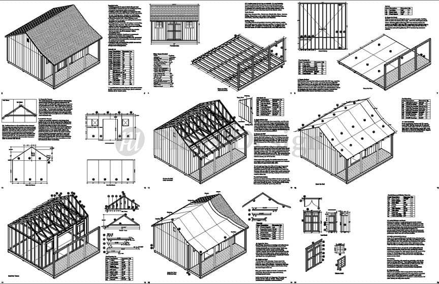 16 x 16 ft Guest House Storage Shed with Porch Plans / Plueprints  #P81616  2