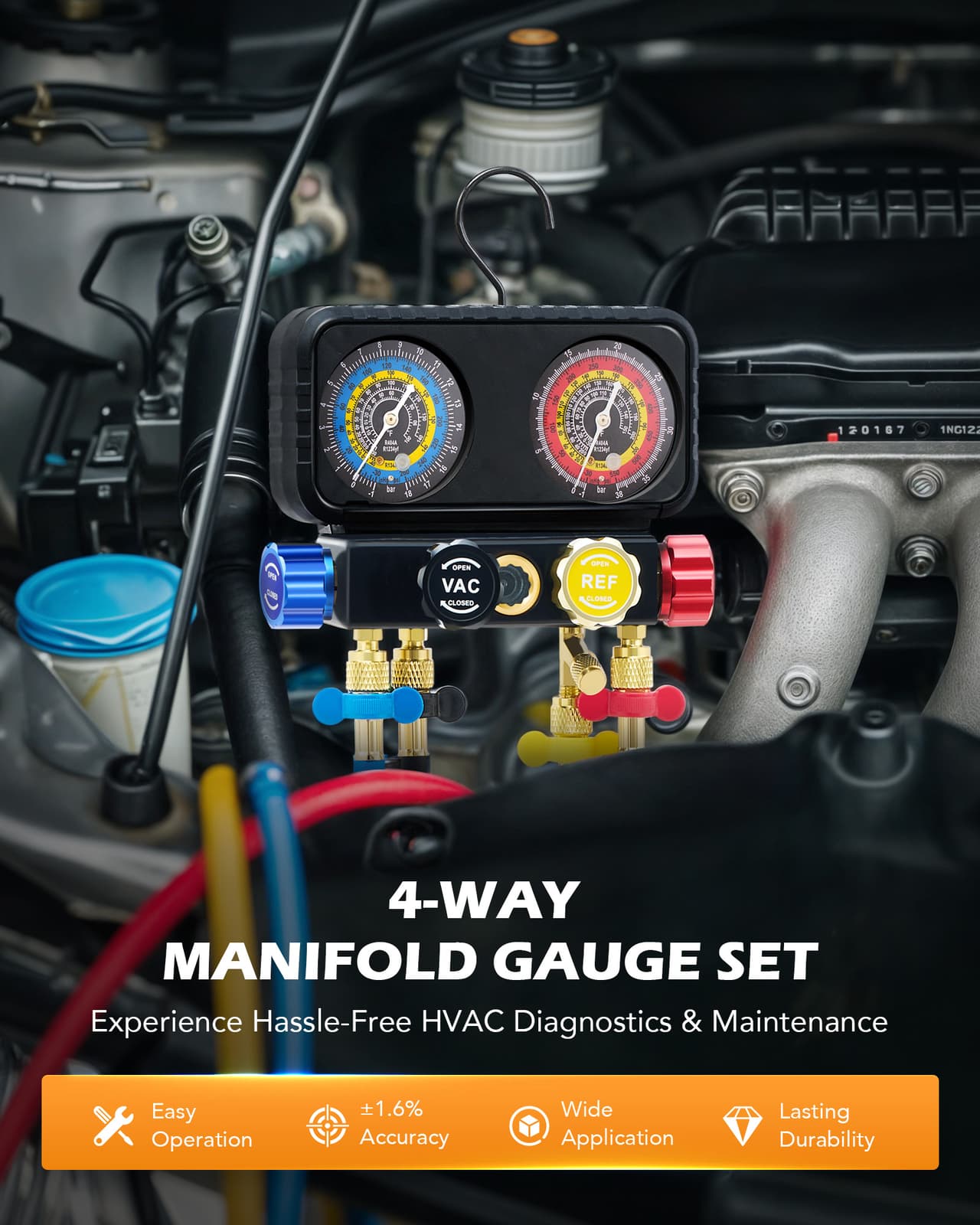 AC R1234YF Gauge Set Automotive 4 Valve Manifold Gauge Kit Freon Charging US 2