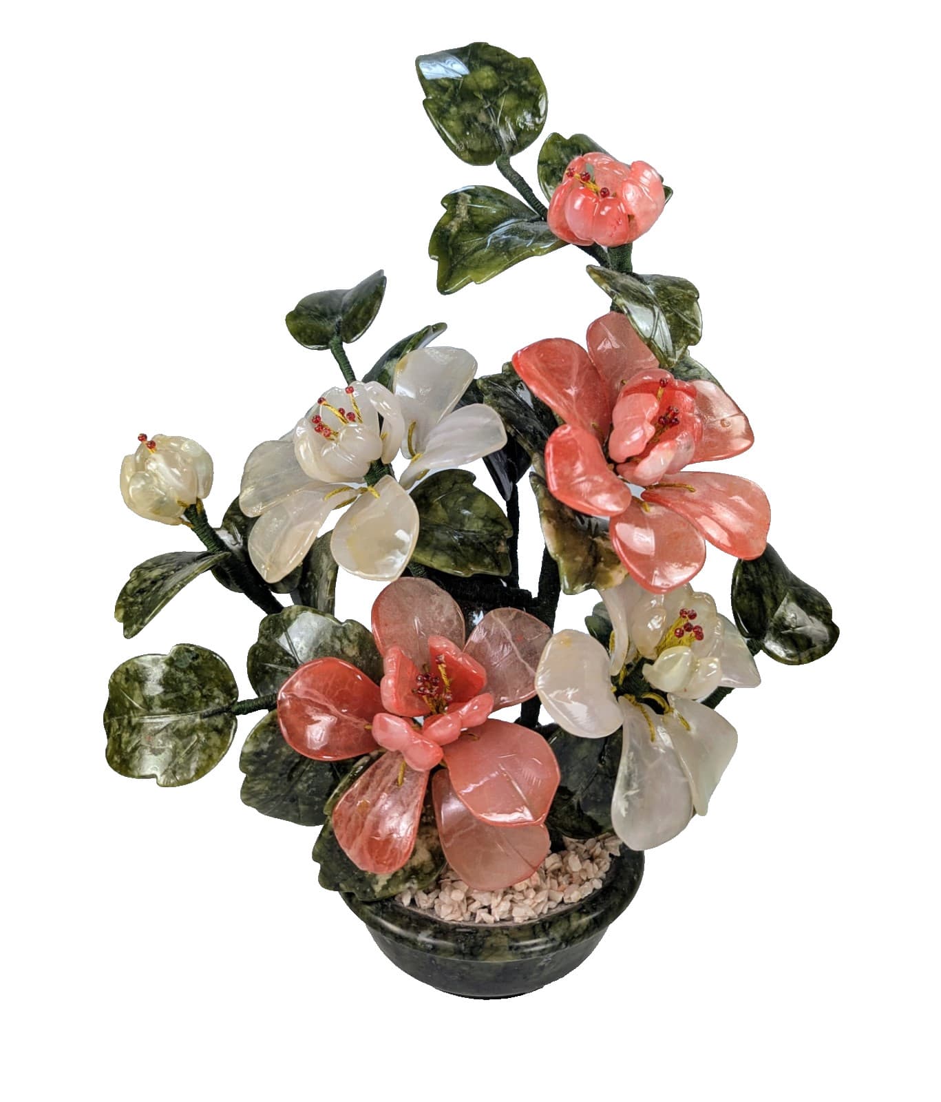 VTG Chinese BONSAI Tree Jade CHERRY BLOSSOMS White Red FLOWERS Agate Stone 13"T 2