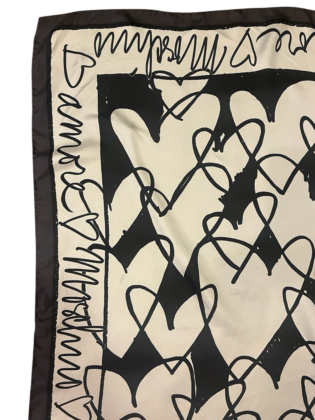 Vtg 2000’s MOSCHINO Archivio Red, Black Silver Silk Heart Scarf Size 34” x  34” 4