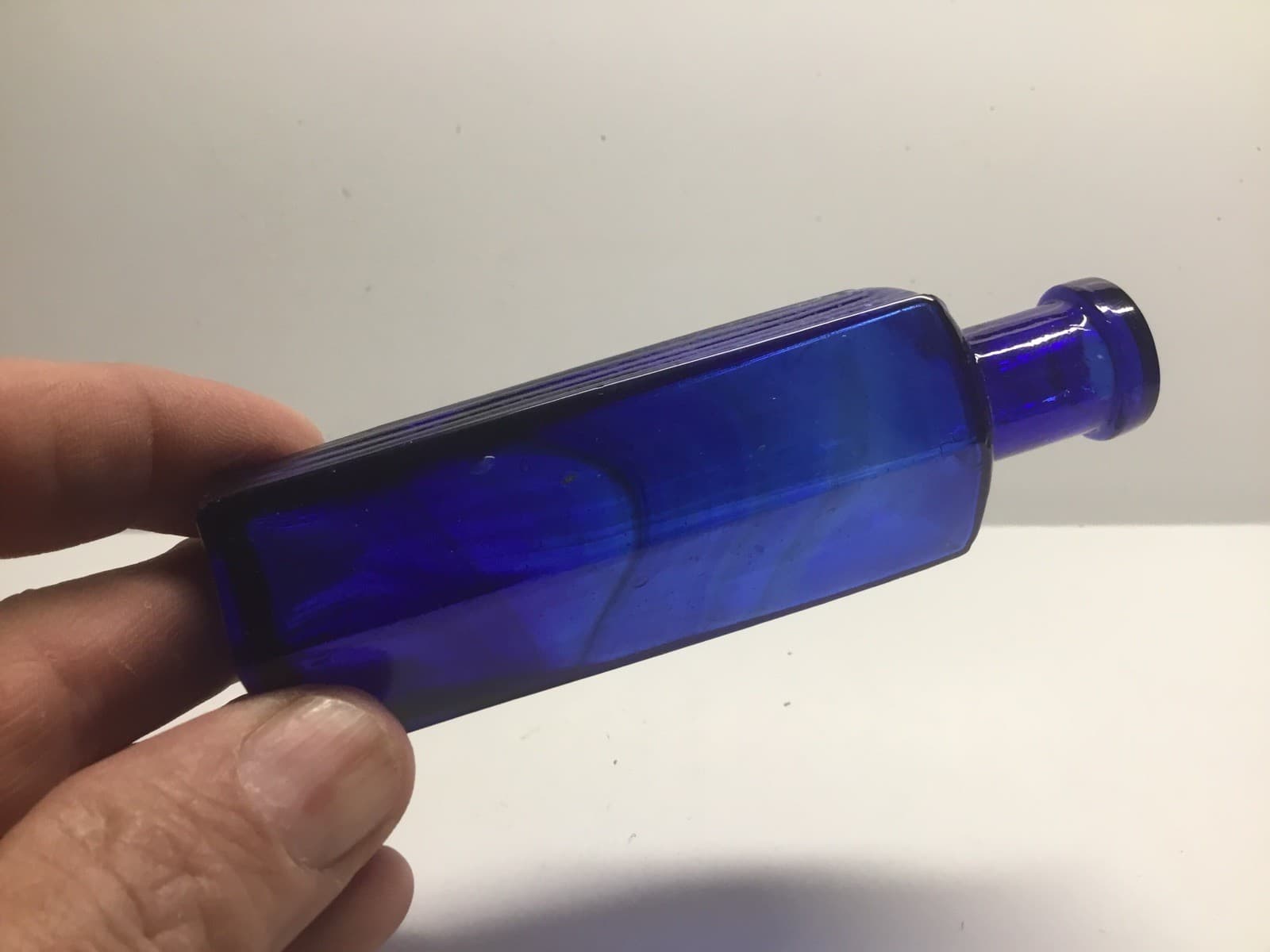 Antique 6 Sided Cobalt Blue Not To Be Taken Poison Bottle With Amber Swirls. 4