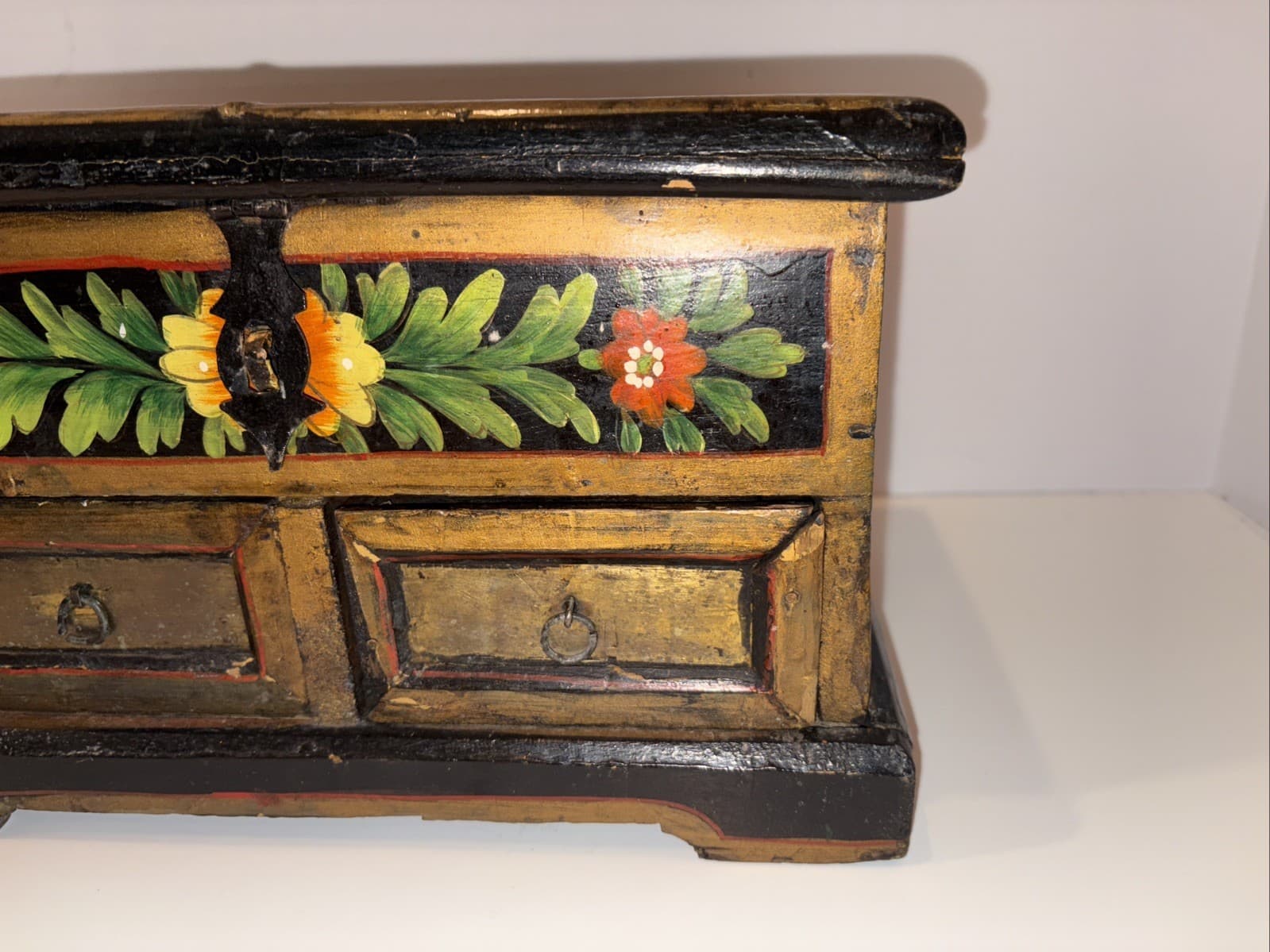 Antique Chinese 2 Drawer Chest Jewelry Box Tole Hand Painted Folk Art Decorated 6