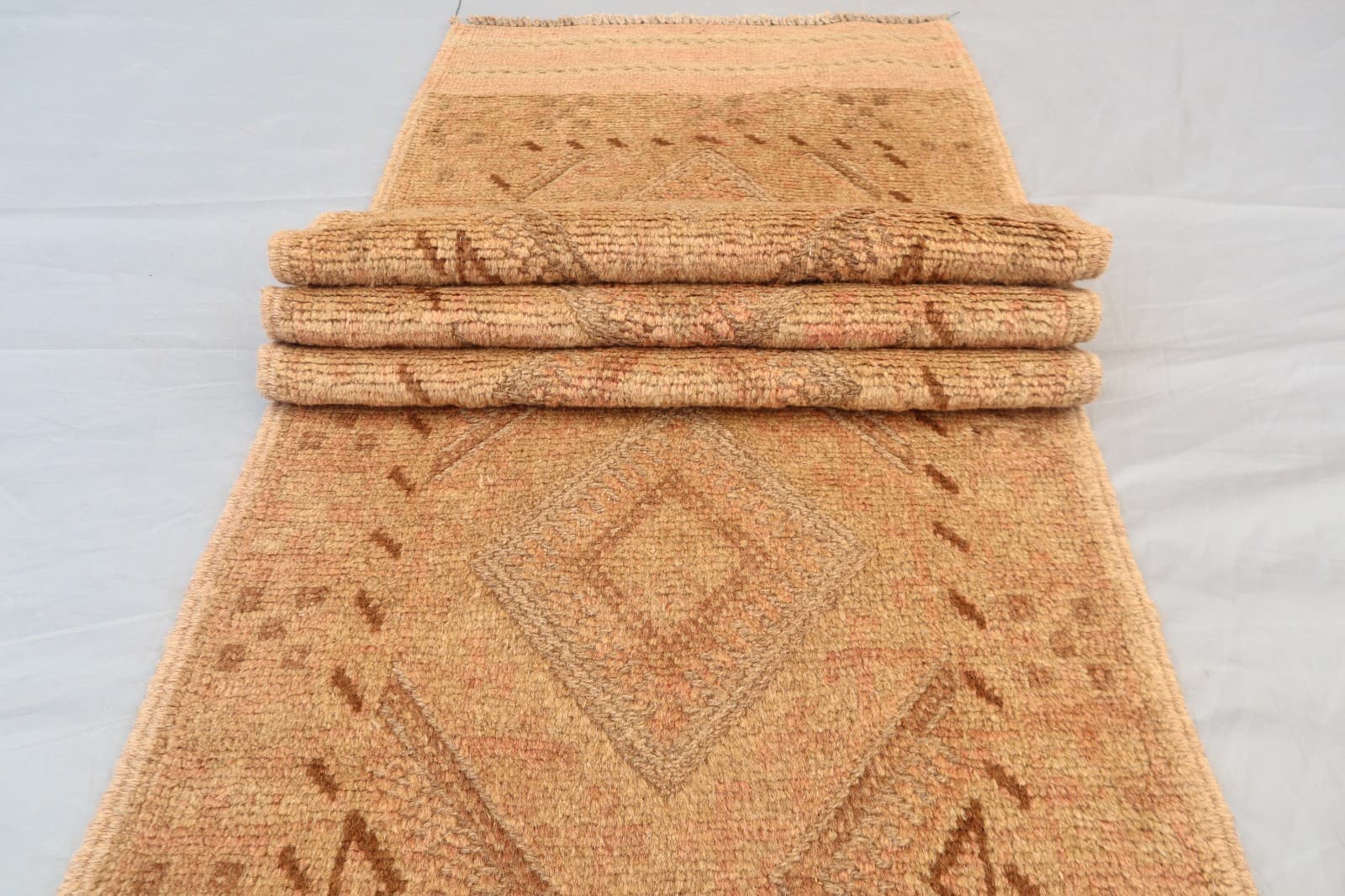 1.9 x 8.2 ft Warm Earth-Tone Afghan Wool Runner –Tribal Geometric Design Diamond 6