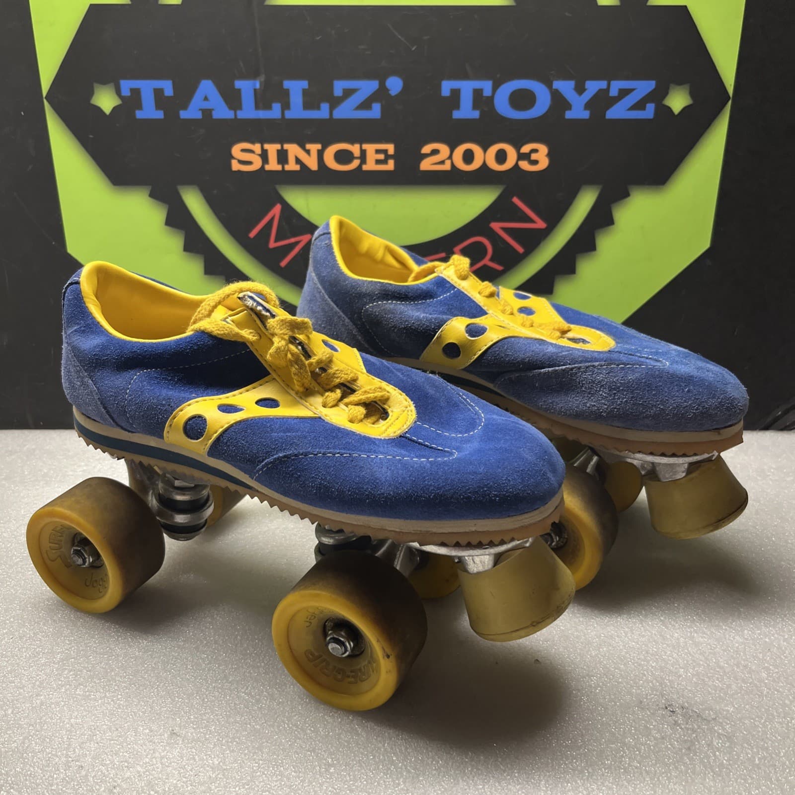 Vintage*Spot-Bilt Jogger*Roller Skates *Sure-Grip*Blue/Yellow Suede*SZ 6*Mexico 3