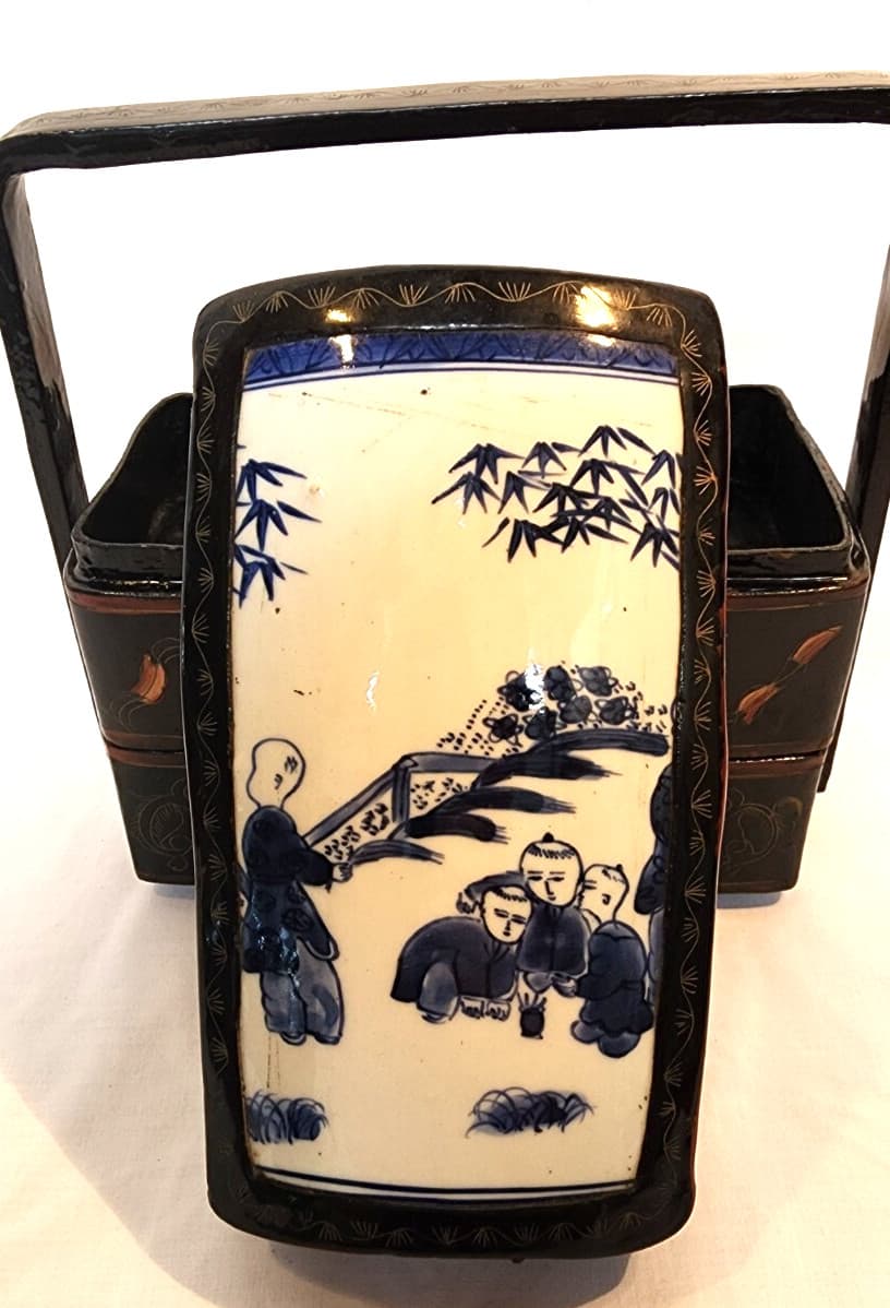 19 C.  Chinese Black Lacquer Porcelain Shard Stacking Lunch Bento Box 6