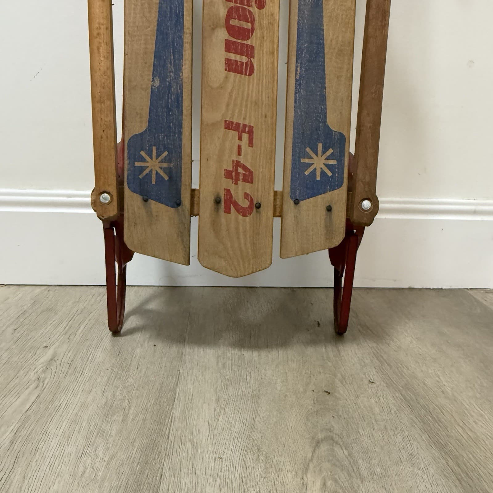 Vintage Champion F-42 Wood Snow Sled Kalamazoo Co. Red Blue W/ Rope Sticker 4
