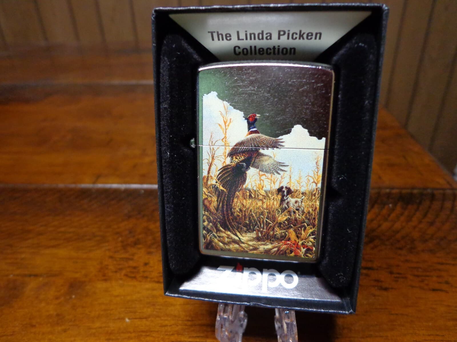 LINDA PICKEN FLYING PHEASANT AND HUNTING DOG IN CORN ZIPPO LIGHTER MINT IN BOX