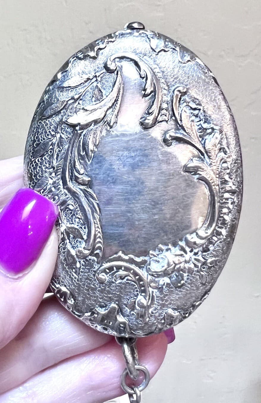 GORGEOUS Victorian Antique .800 Silver Ornate Chatelaine Slide Mirror/Pendant 5