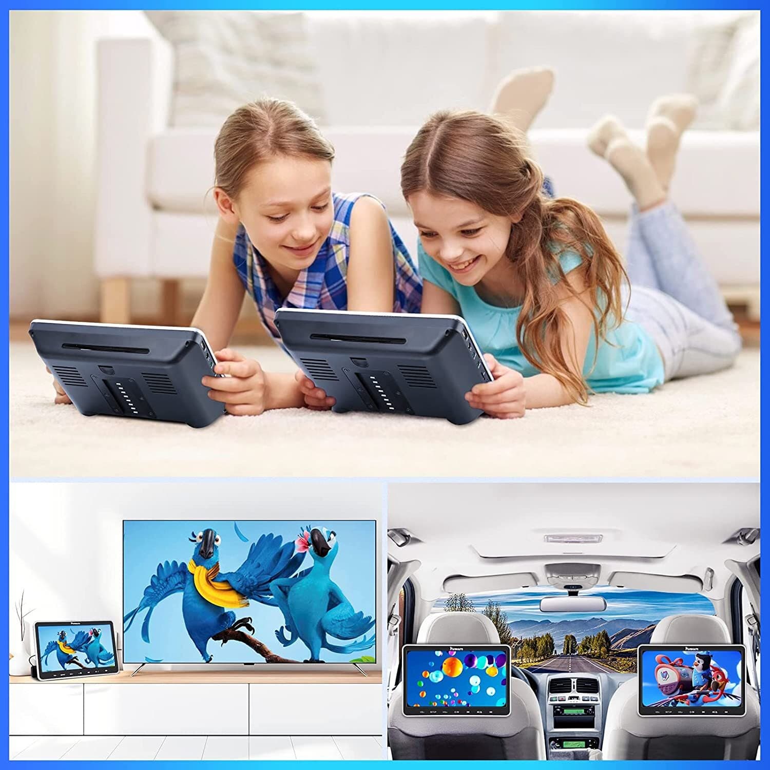 2X10.1” Dual Screen Car Headrest Monitor TV DVD Player for Kids USB SD Headsets 2