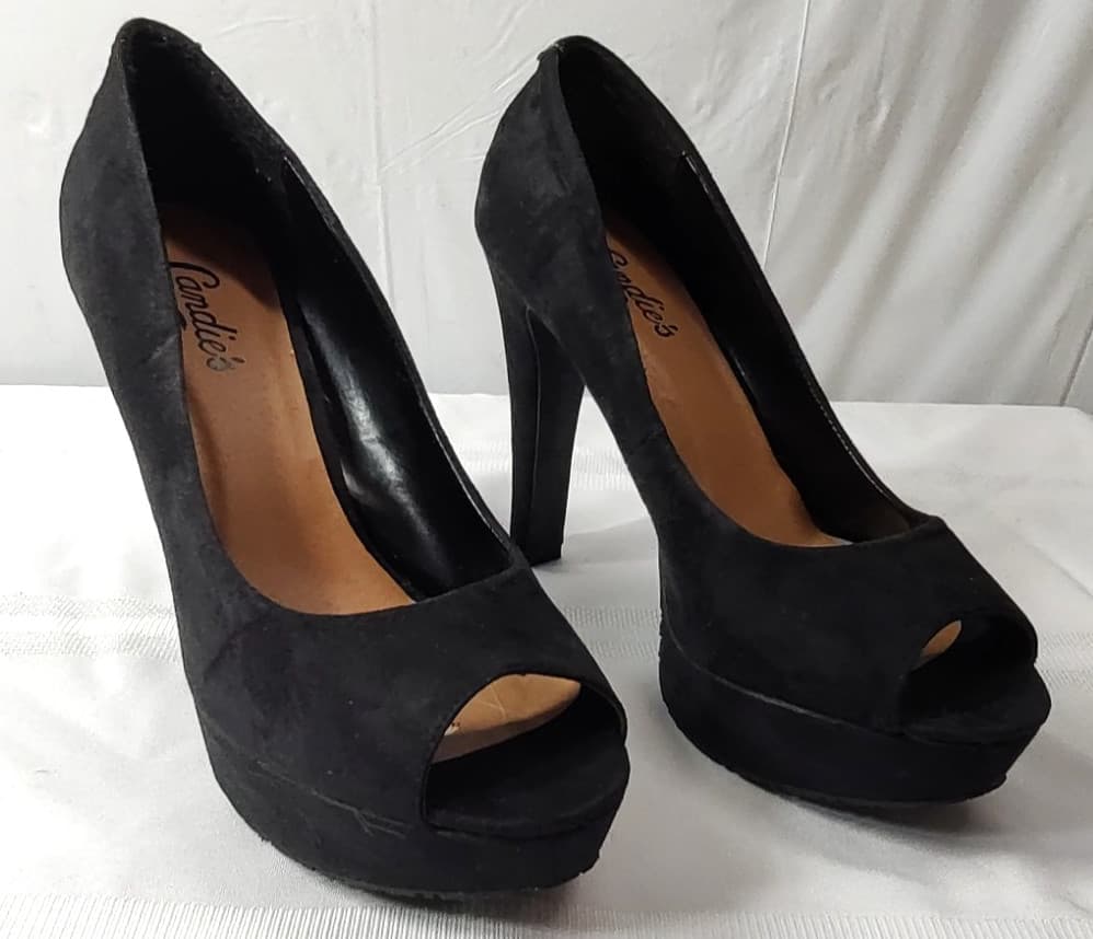 Candie's Black Faux Suede Platform Heels Peep Toe 9 M Open Toe Stiletto