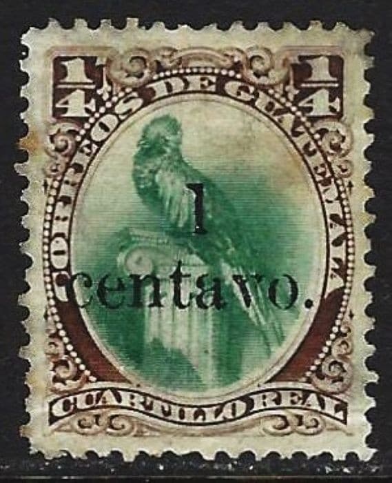 GUATEMALA 1881 SCOTT 17  SURCHARGED QUETZAL BIRD  USED
